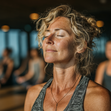 Група літніх людей займається йогою у світлій студії