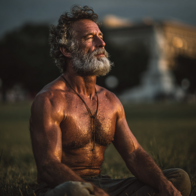 Група літніх людей виконує дихальні вправи на відкритому повітрі